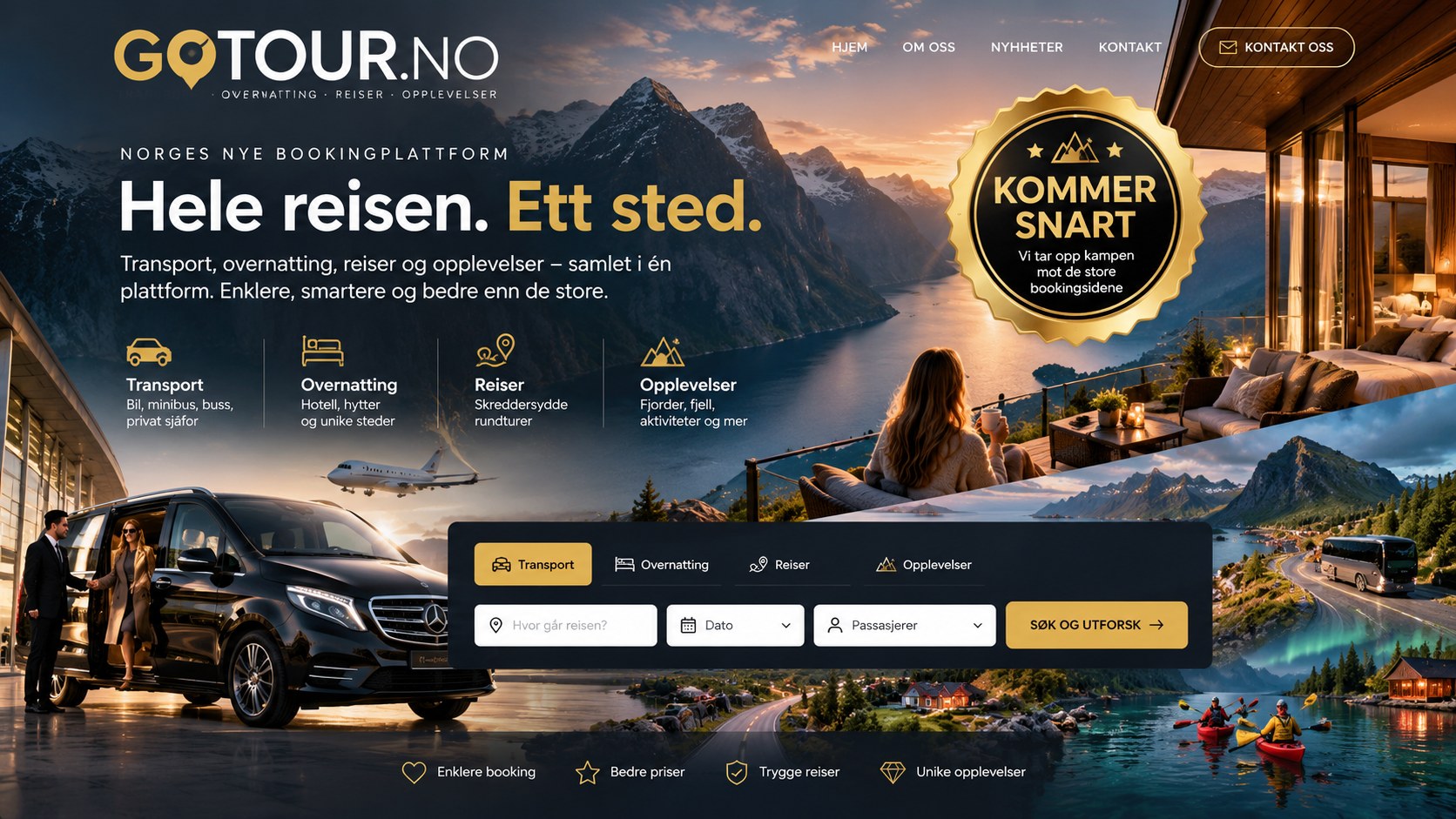 GOTOUR.NO – Hele reisen. Ett sted. Transport, overnatting, reiser og opplevelser. Kommer snart. Bilde med fjorder, hotell, luksustransport, fly og opplevelser.